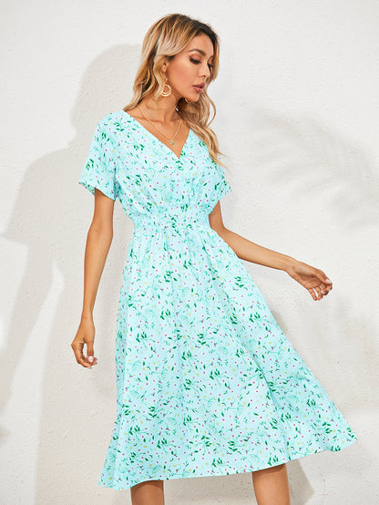 Women's Midi Dress - V-Neck - Short Sleeve - Elastic Waist - Floral Print - Flowy Fit