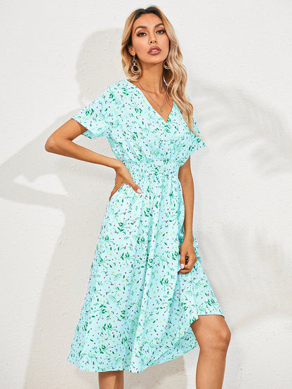 Women's Midi Dress - V-Neck - Short Sleeve - Elastic Waist - Floral Print - Flowy Fit