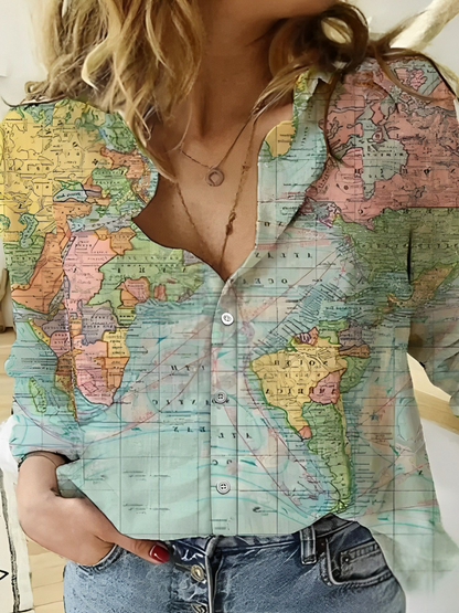 Janet- Globe World Map Printed Shirt