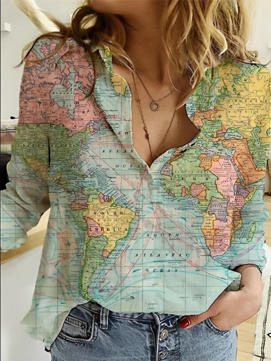 Janet- Globe World Map Printed Shirt