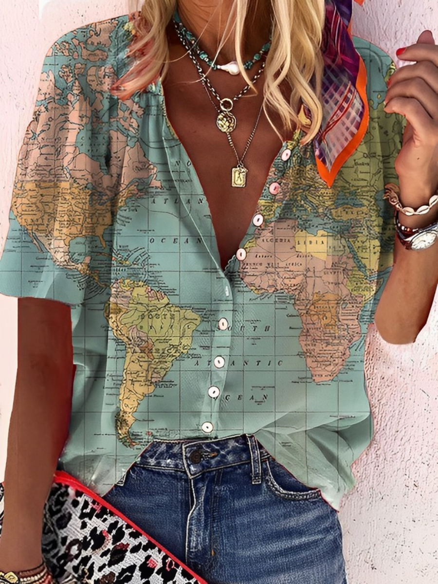 Janet- Globe World Map Printed Shirt