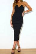 Women's Strapless Midi Dress - Sweetheart Neckline - Ruched Bodycon Elegant Fit