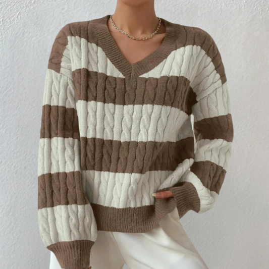 Yamina - Elegant striped V-neck sweater for women