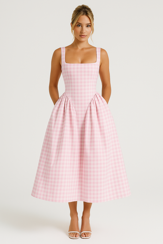 Women’s Midi Dress – A-Line Silhouette – Square Neck – Wide Straps – Checkered Pattern