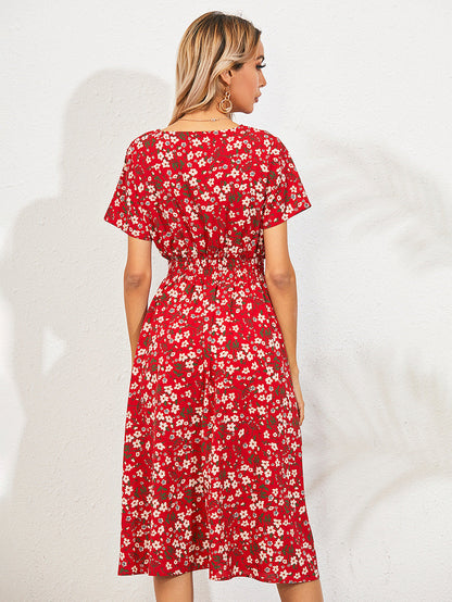 Women's Midi Dress - V-Neck - Short Sleeve - Elastic Waist - Floral Print - Flowy Fit