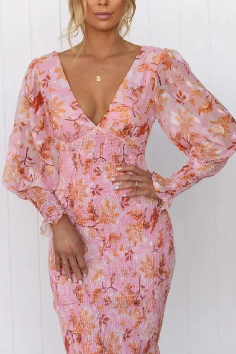 Floral Dress - Long Sleeve - V-Neck - Elegant Dress - Midi Dress