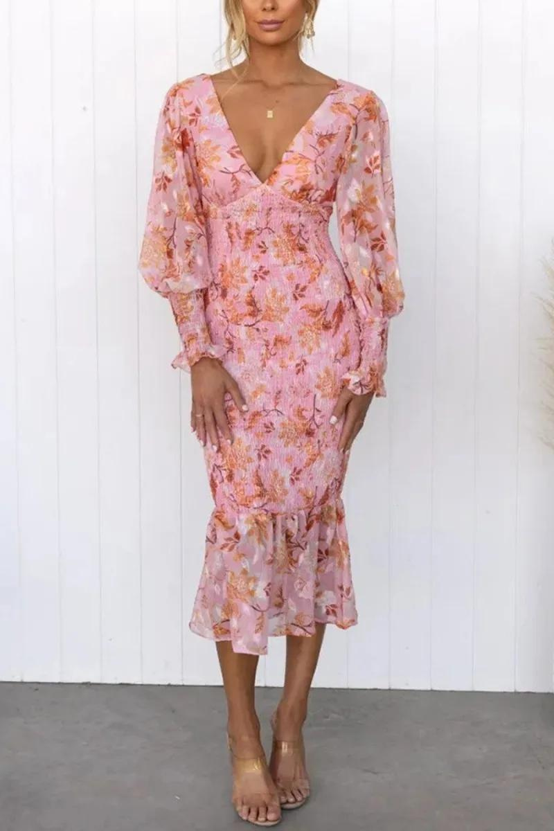 Floral Dress - Long Sleeve - V-Neck - Elegant Dress - Midi Dress