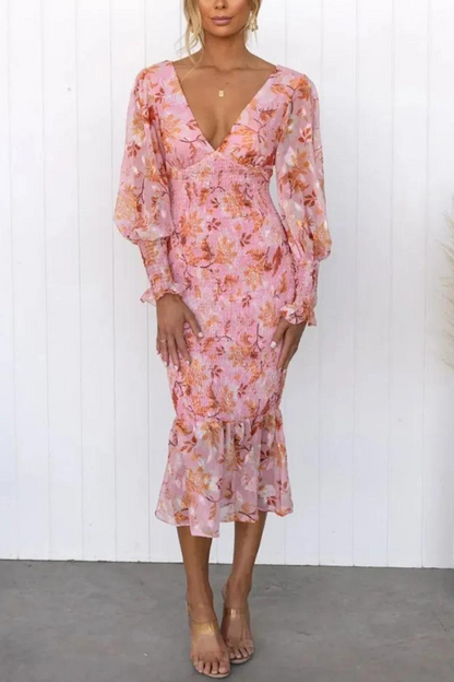 Floral Dress - Long Sleeve - V-Neck - Elegant Dress - Midi Dress