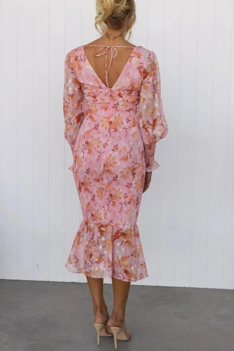 Floral Dress - Long Sleeve - V-Neck - Elegant Dress - Midi Dress