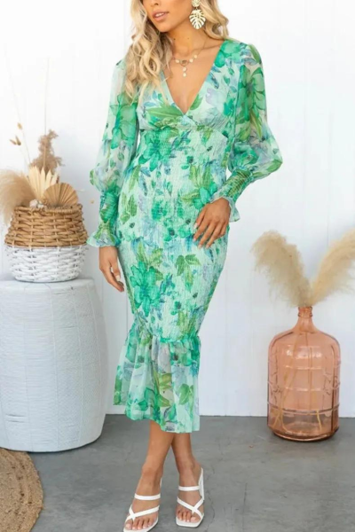 Floral Dress - Long Sleeve - V-Neck - Elegant Dress - Midi Dress