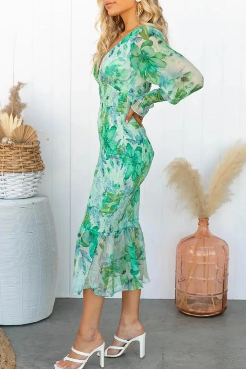 Floral Dress - Long Sleeve - V-Neck - Elegant Dress - Midi Dress