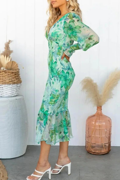 Floral Dress - Long Sleeve - V-Neck - Elegant Dress - Midi Dress