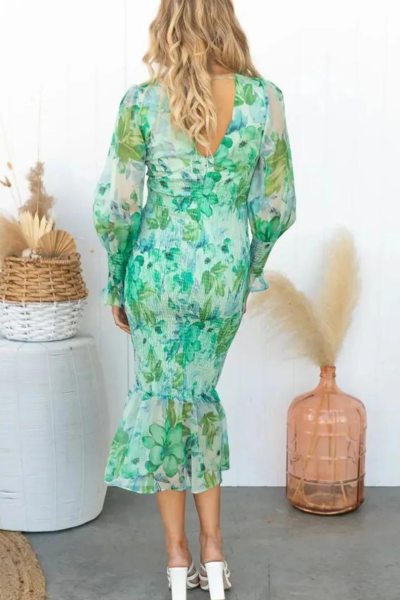 Floral Dress - Long Sleeve - V-Neck - Elegant Dress - Midi Dress