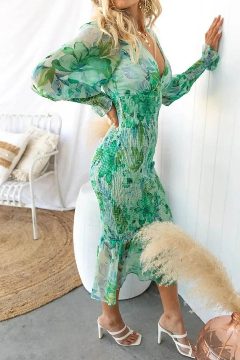 Floral Dress - Long Sleeve - V-Neck - Elegant Dress - Midi Dress