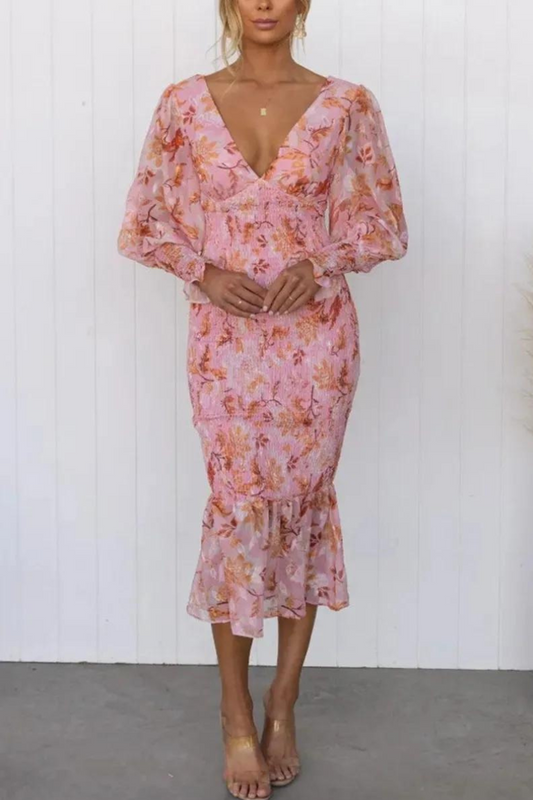 Floral Dress - Long Sleeve - V-Neck - Elegant Dress - Midi Dress