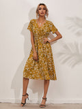 Women's Midi Dress - V-Neck - Short Sleeve - Elastic Waist - Floral Print - Flowy Fit