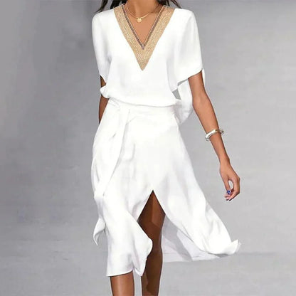 Diana | Modern White Midi Dress with Elegant V-Neck