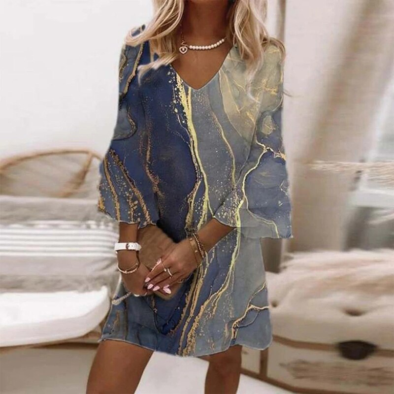 Women's Mini Dress - V-Neck - Flared Three-Quarter Sleeves - Lightweight Elegant Fit