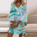 Women's Mini Dress - V-Neck - Flared Three-Quarter Sleeves - Lightweight Elegant Fit