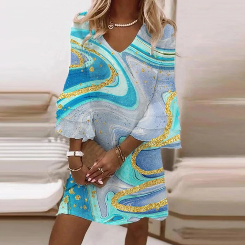 Women's Mini Dress - V-Neck - Flared Three-Quarter Sleeves - Lightweight Elegant Fit