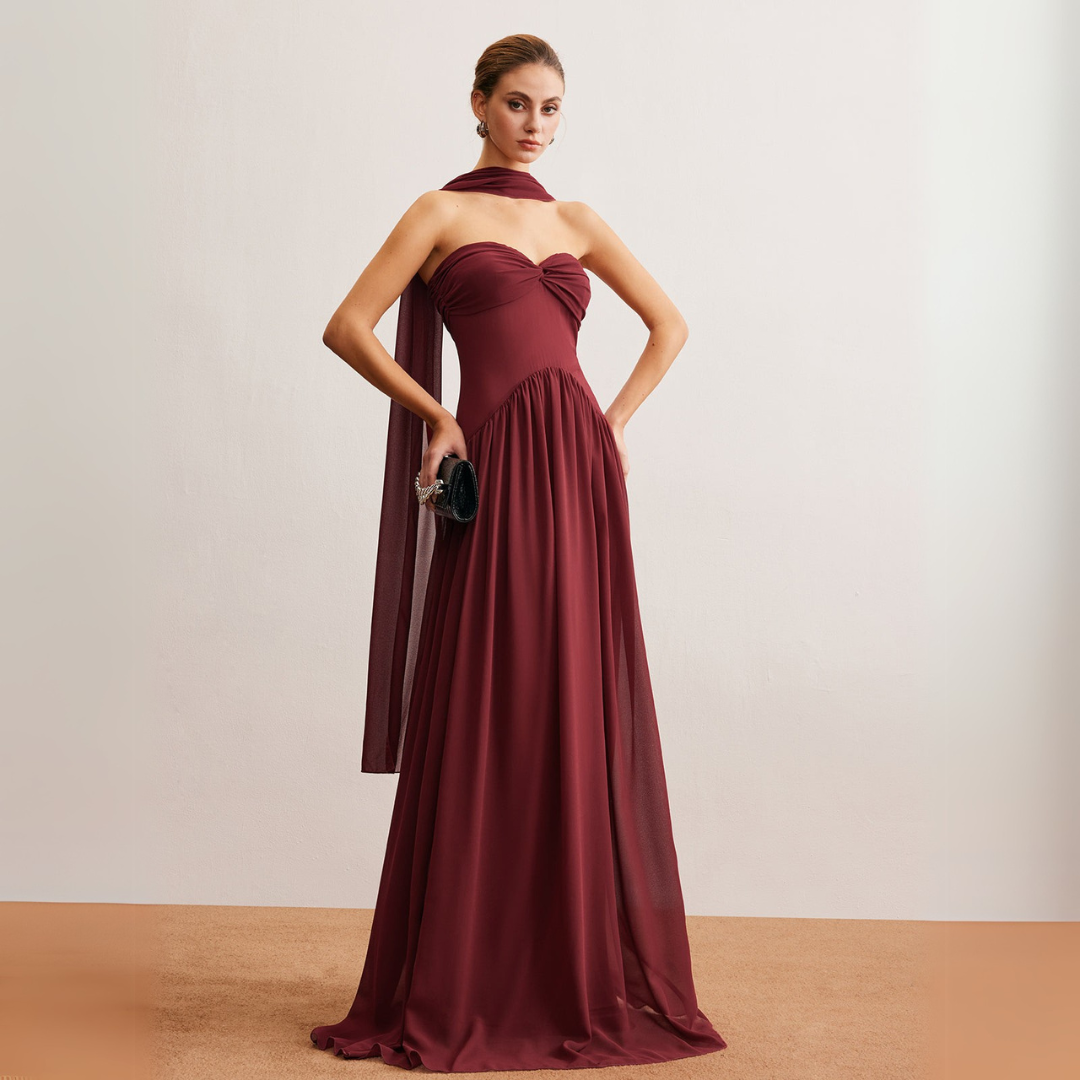 Women's Chiffon Maxi Dress - Strapless Sweetheart Neckline - Flowy A-Line Silhouette