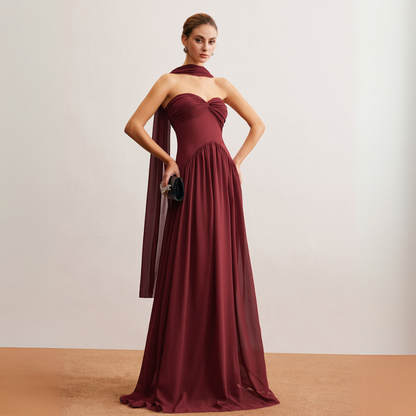 Women's Chiffon Maxi Dress - Strapless Sweetheart Neckline - Flowy A-Line Silhouette