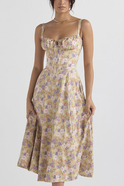 Women's Midi Dress - Corset Bodice - Sweetheart Neckline - Slit Skirt Elegant Fit