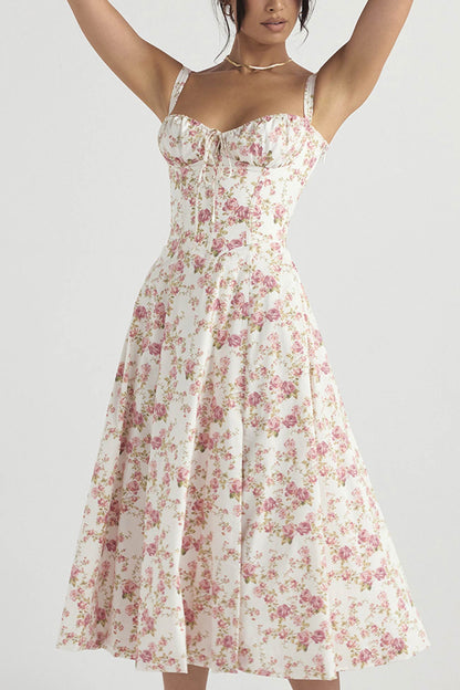 Women's Midi Dress - Corset Bodice - Sweetheart Neckline - Slit Skirt Elegant Fit