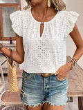 Women's - Jacquard V-neck Puff Sleeve Tee Top - Stylish & Comfortable - Perfect for Casual Outings