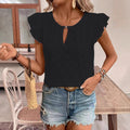 Women's - Jacquard V-neck Puff Sleeve Tee Top - Stylish & Comfortable - Perfect for Casual Outings