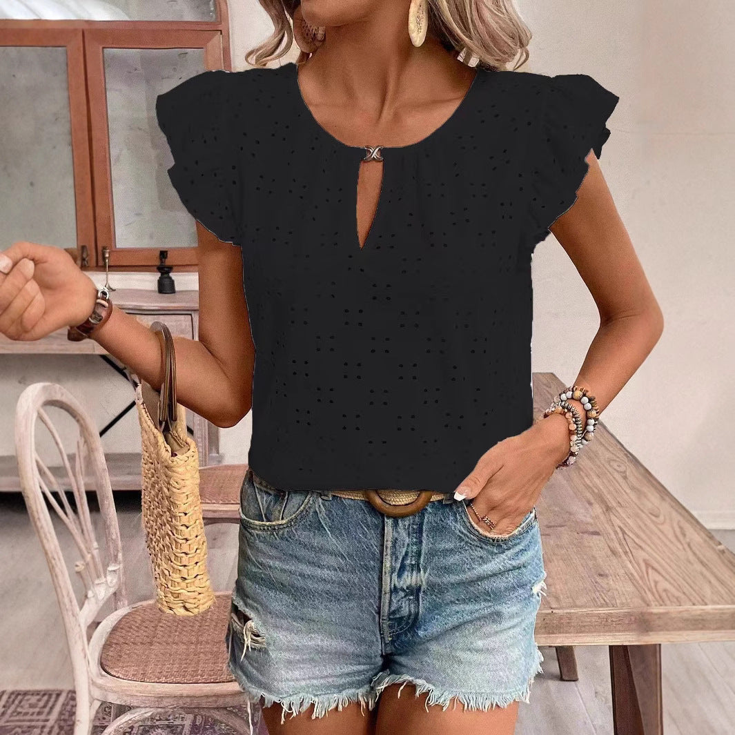 Women's - Jacquard V-neck Puff Sleeve Tee Top - Stylish & Comfortable - Perfect for Casual Outings