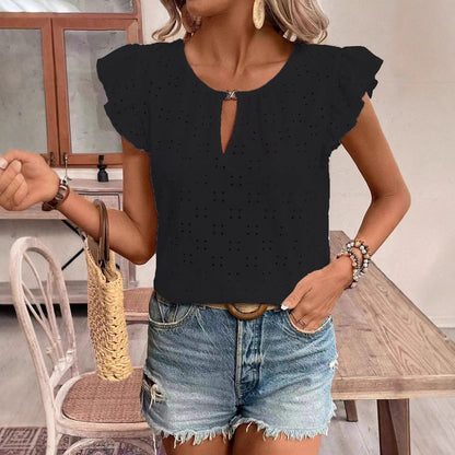 Women's - Jacquard V-neck Puff Sleeve Tee Top - Stylish & Comfortable - Perfect for Casual Outings