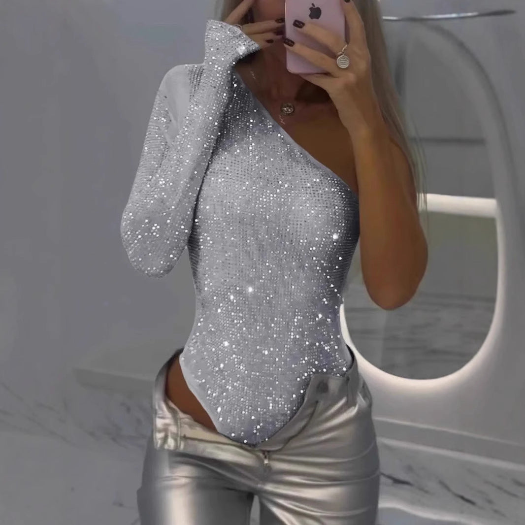 Maroxe | One-shoulder rhinestone sequin top
