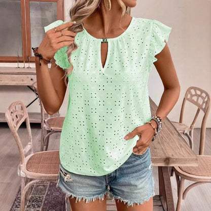 Women's - Jacquard V-neck Puff Sleeve Tee Top - Stylish & Comfortable - Perfect for Casual Outings