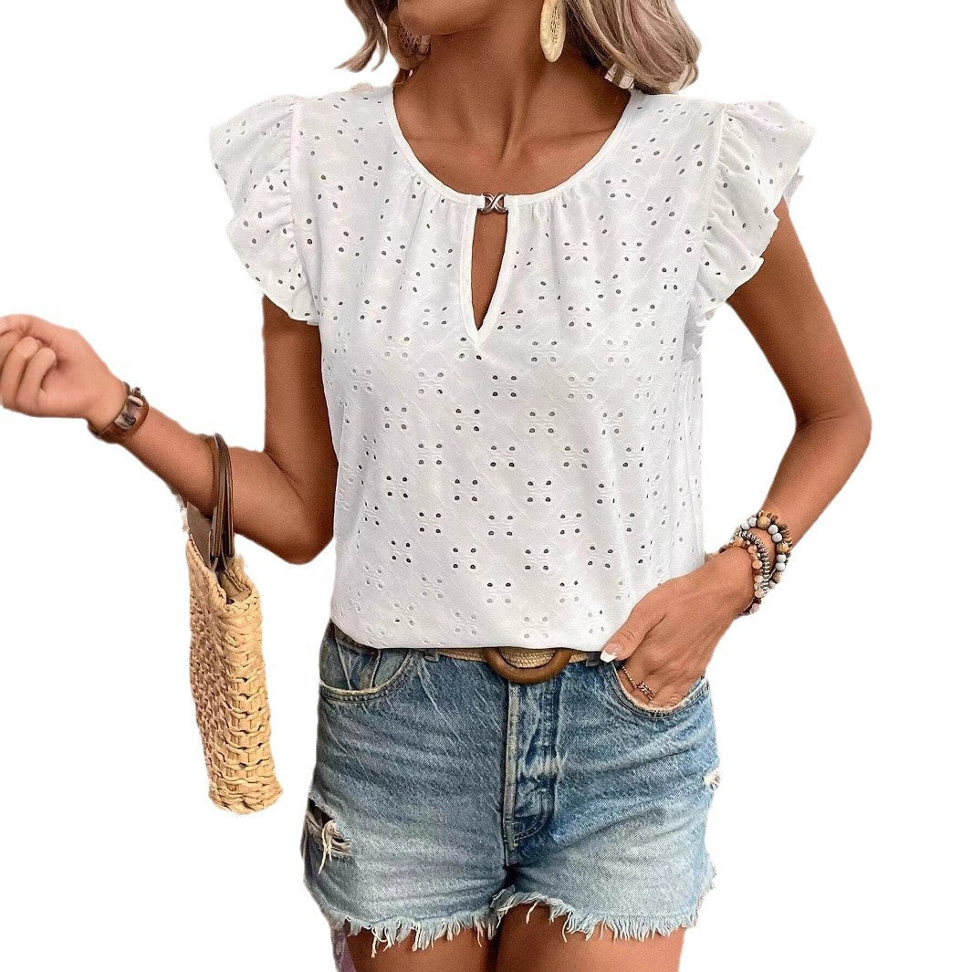 Women's - Jacquard V-neck Puff Sleeve Tee Top - Stylish & Comfortable - Perfect for Casual Outings