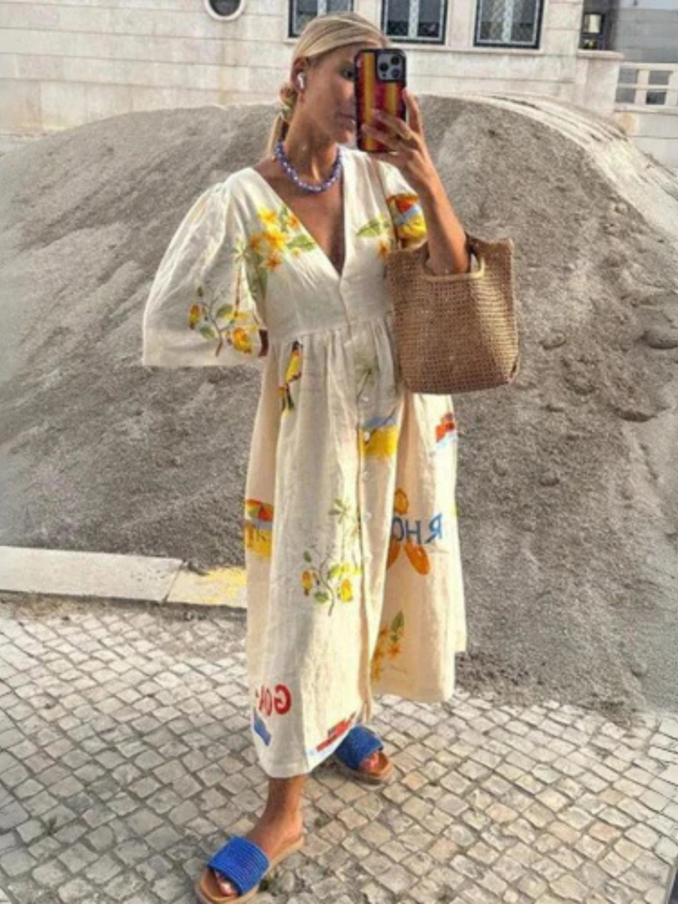 Oversized Dress - Short Sleeve - V-Neck - Midi Dress - Summer Dress
