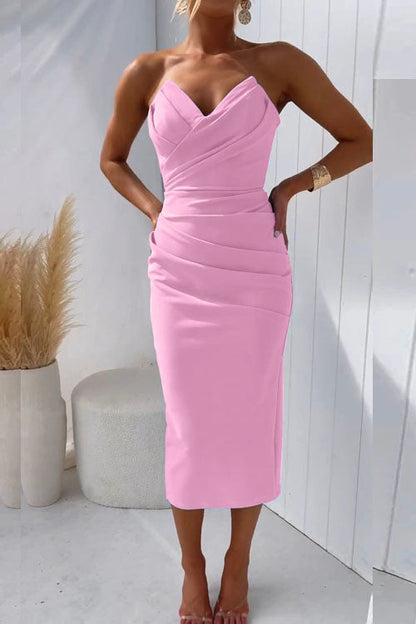 Women's Strapless Midi Dress - Sweetheart Neckline - Ruched Bodycon Elegant Fit