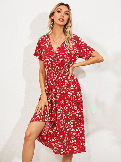 Women's Midi Dress - V-Neck - Short Sleeve - Elastic Waist - Floral Print - Flowy Fit