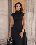 Women's Evening Gown - High Neckline - Cap Sleeves - Floor-Length Elegant Dress