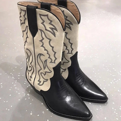 Women's Vintage Western-Style Embroidered Slip-On Cowboy Boots