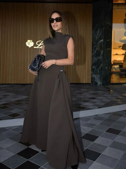 Women's Evening Gown - High Neckline - Cap Sleeves - Floor-Length Elegant Dress