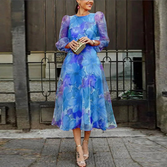 Women's Midi Dress - A-Line Silhouette - Sheer Long Puff Sleeves - Round Neck Elegant Fit