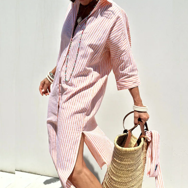 Shirt Dress - Women's Long Sleeve Striped Button-Up Maxi Dress