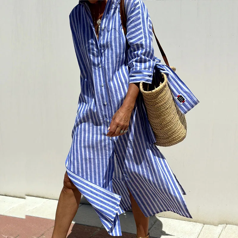 Shirt Dress - Women's Long Sleeve Striped Button-Up Maxi Dress