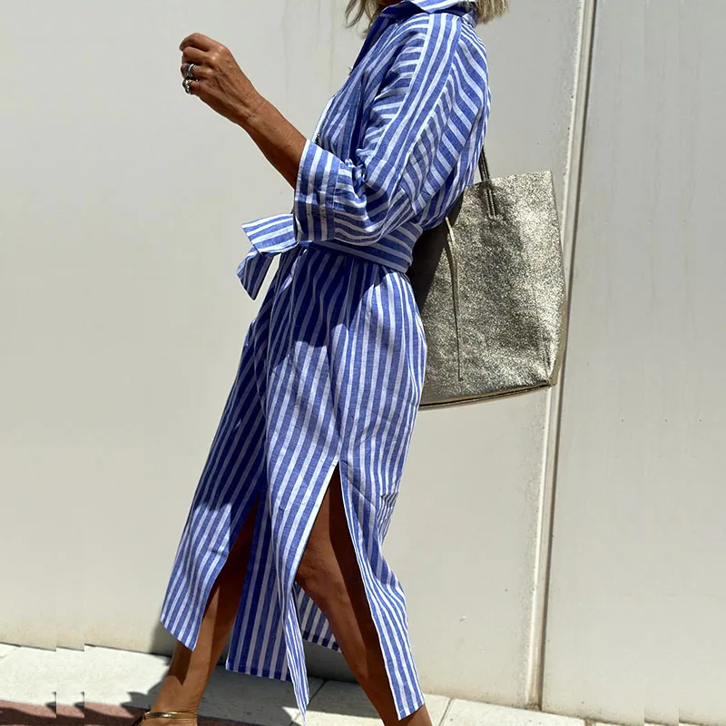 Shirt Dress - Women's Long Sleeve Striped Button-Up Maxi Dress