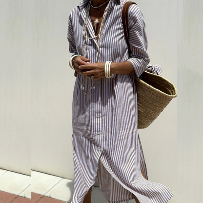 Shirt Dress - Women's Long Sleeve Striped Button-Up Maxi Dress