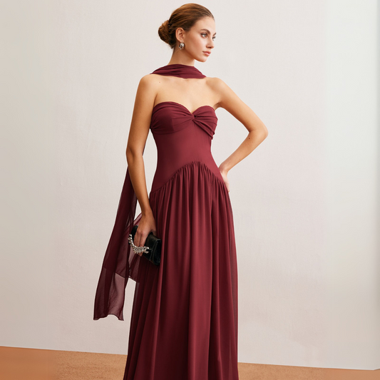 Women's Chiffon Maxi Dress - Strapless Sweetheart Neckline - Flowy A-Line Silhouette