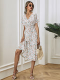 Women's Midi Dress - V-Neck - Short Sleeve - Elastic Waist - Floral Print - Flowy Fit