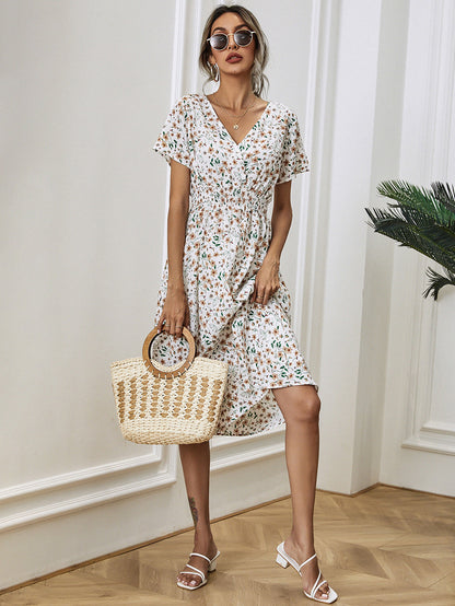 Women's Midi Dress - V-Neck - Short Sleeve - Elastic Waist - Floral Print - Flowy Fit