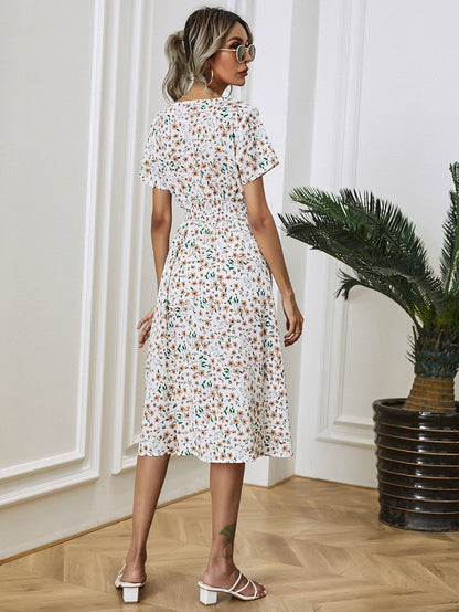 Women's Midi Dress - V-Neck - Short Sleeve - Elastic Waist - Floral Print - Flowy Fit